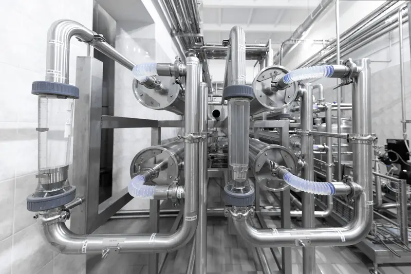 Tubazioni in acciaio di una linea di produzione alimentare (foto d'archivio)